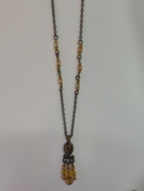 Antique Style Brass Chain Necklace with Acrylic Amber Crystal Drops